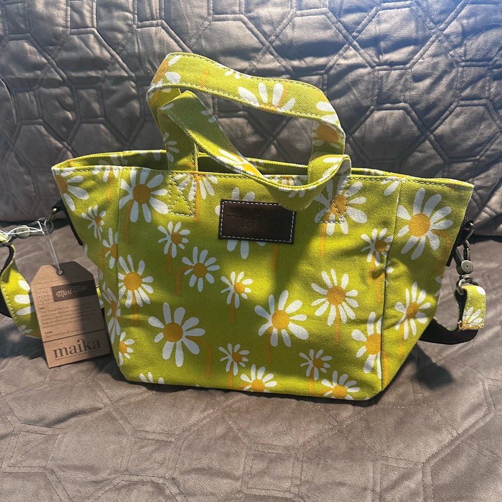Maika mini tote Lime Green Daisy Canvas Tote with Adjustable Strap